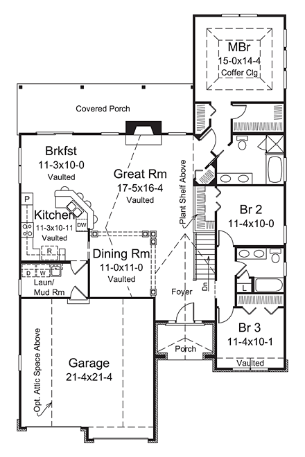 Craftsman, European, Traditional House Plan 95969 with 3 Beds, 2 Baths, 2 Car Garage First Level Plan