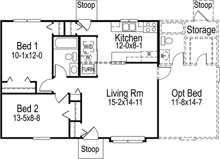 Cabin, Country, Ranch House Plan 95990 with 2 Beds, 1 Baths First Level Plan