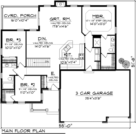 Ranch House Plan 96100 with 3 Beds, 2 Baths, 3 Car Garage First Level Plan