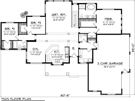 Ranch House Plan 96103 with 3 Beds, 3 Baths, 2 Car Garage First Level Plan
