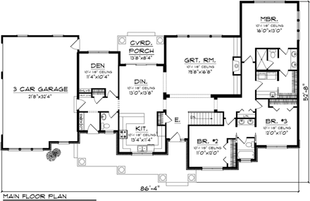 Craftsman, Ranch House Plan 96104 with 3 Beds, 3 Baths, 3 Car Garage First Level Plan