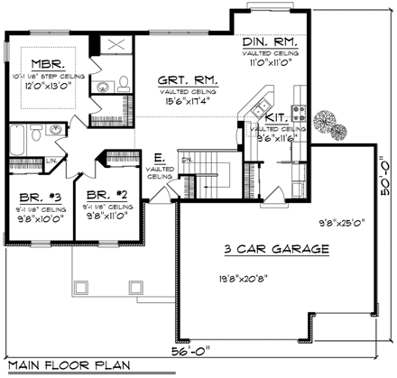 Ranch House Plan 96120 with 3 Beds, 2 Baths, 3 Car Garage First Level Plan
