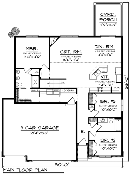 Ranch House Plan 96123 with 3 Beds, 2 Baths, 3 Car Garage First Level Plan