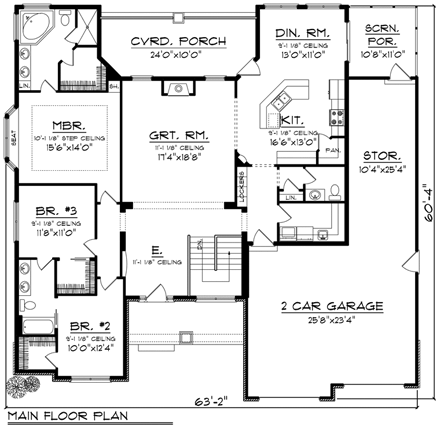 Ranch House Plan 96128 with 3 Beds, 3 Baths, 2 Car Garage First Level Plan