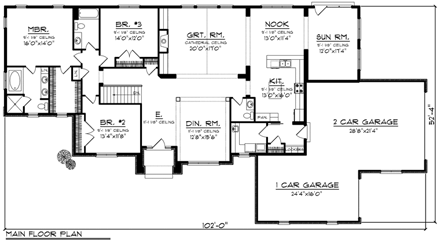 Ranch House Plan 96138 with 3 Beds, 3 Baths, 3 Car Garage First Level Plan