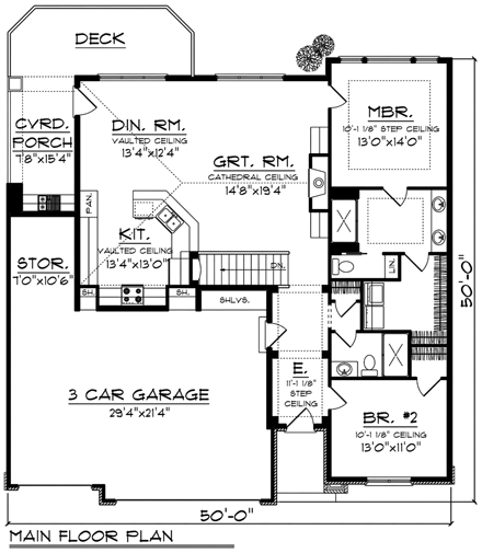 Ranch House Plan 96149 with 2 Beds, 2 Baths, 3 Car Garage First Level Plan