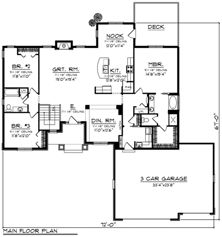 Ranch House Plan 96156 with 3 Beds, 2 Baths, 3 Car Garage First Level Plan