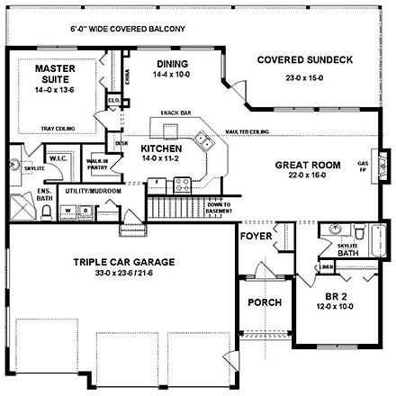 Craftsman House Plan 96200 with 2 Beds, 2 Baths, 3 Car Garage First Level Plan
