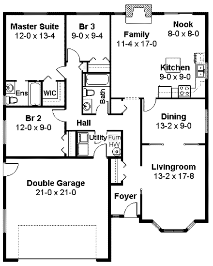 Ranch House Plan 96206 with 3 Beds, 2 Baths, 2 Car Garage First Level Plan