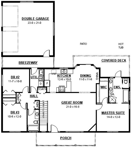 Ranch House Plan 96211 with 3 Beds, 2 Baths, 2 Car Garage First Level Plan