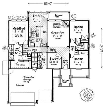 Bungalow, Craftsman, Southern House Plan 96342 with 3 Beds, 2 Baths, 3 Car Garage First Level Plan