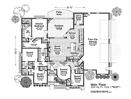 European, French Country House Plan 96343 with 4 Beds, 4 Baths, 4 Car Garage First Level Plan