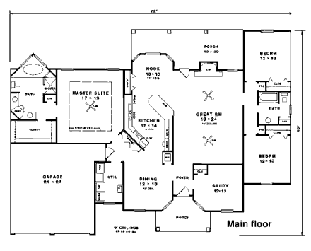European, One-Story House Plan 96503 with 3 Beds, 2 Baths, 2 Car Garage First Level Plan