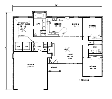 European, One-Story House Plan 96508 with 3 Beds, 2 Baths, 2 Car Garage First Level Plan