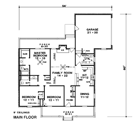 Bungalow, One-Story House Plan 96517 with 3 Beds, 2 Baths, 2 Car Garage First Level Plan