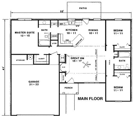 One-Story, Ranch House Plan 96519 with 3 Beds, 2 Baths, 2 Car Garage First Level Plan