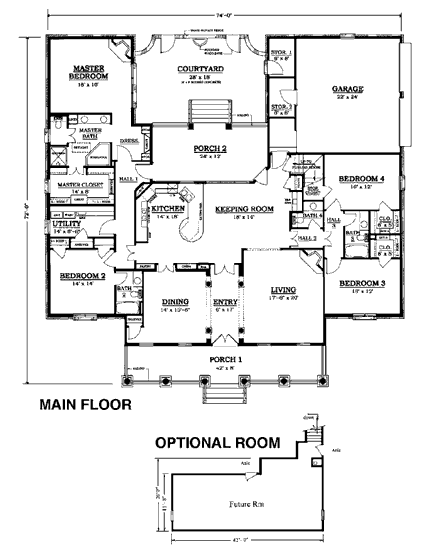 Cape Cod, Colonial, One-Story House Plan 96521 with 4 Beds, 4 Baths, 2 Car Garage First Level Plan