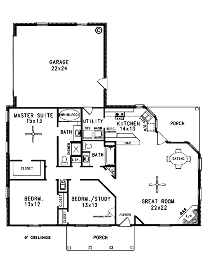 Country, One-Story, Ranch House Plan 96522 with 3 Beds, 2 Baths, 2 Car Garage First Level Plan