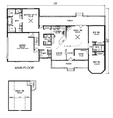 Country House Plan 96529 with 3 Beds, 3 Baths, 2 Car Garage First Level Plan