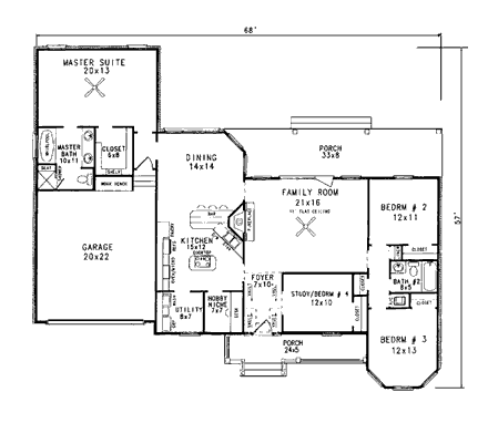 Bungalow, Cape Cod, Country, One-Story House Plan 96536 with 4 Beds, 2 Baths, 2 Car Garage First Level Plan