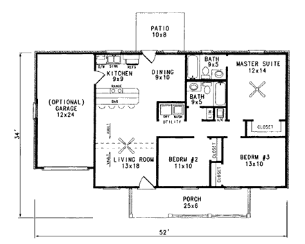 One-Story, Ranch House Plan 96538 with 3 Beds, 2 Baths, 1 Car Garage First Level Plan