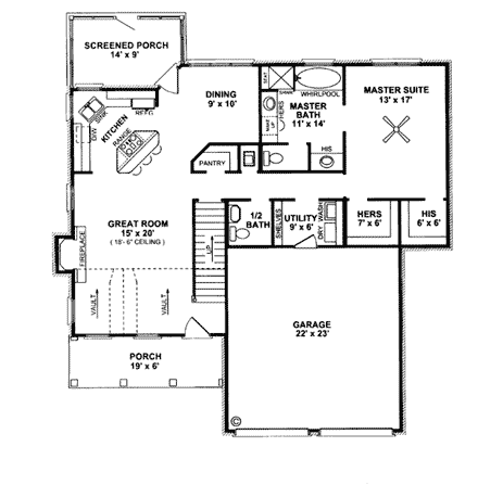 Country House Plan 96541 with 3 Beds, 3 Baths, 2 Car Garage First Level Plan