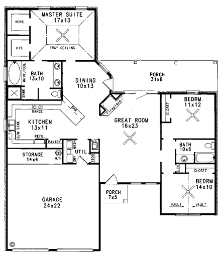 European House Plan 96543 with 3 Beds, 2 Baths, 2 Car Garage First Level Plan