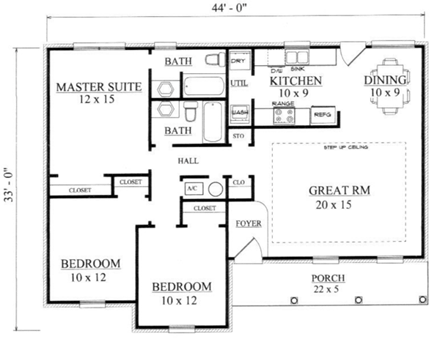 House Plan 96548 with 3 Beds, 2 Baths First Level Plan