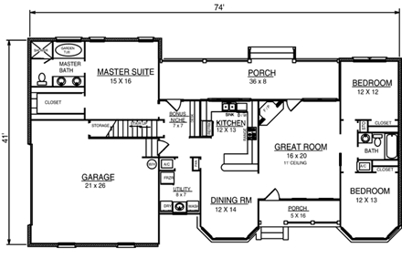 Farmhouse, One-Story House Plan 96555 with 3 Beds, 2 Baths, 2 Car Garage First Level Plan