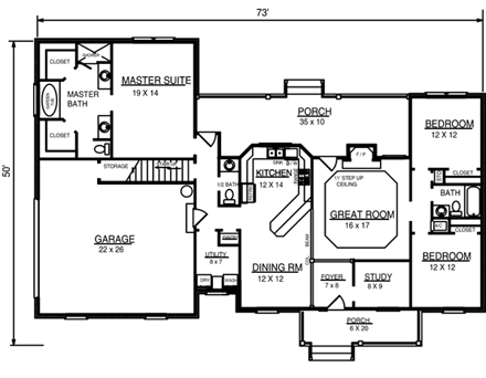 Farmhouse, One-Story House Plan 96556 with 3 Beds, 3 Baths, 2 Car Garage First Level Plan