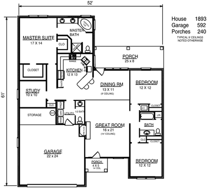 European, One-Story House Plan 96557 with 3 Beds, 3 Baths, 2 Car Garage First Level Plan