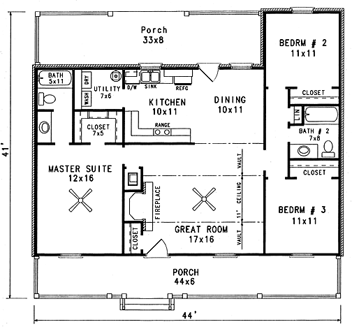 Cabin, Country, Ranch House Plan 96559 with 3 Beds, 2 Baths Level One