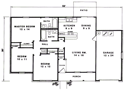 One-Story, Ranch House Plan 96565 with 3 Beds, 2 Baths, 1 Car Garage First Level Plan