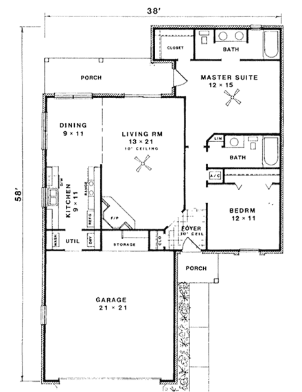 Narrow Lot, One-Story, Traditional House Plan 96566 with 2 Beds, 2 Baths, 2 Car Garage First Level Plan