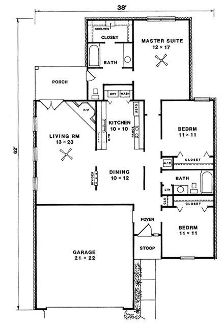 Narrow Lot, One-Story, Ranch, Traditional House Plan 96570 with 3 Beds, 2 Baths First Level Plan