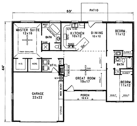 Florida, Mediterranean House Plan 96573 with 3 Beds, 2 Baths, 2 Car Garage First Level Plan