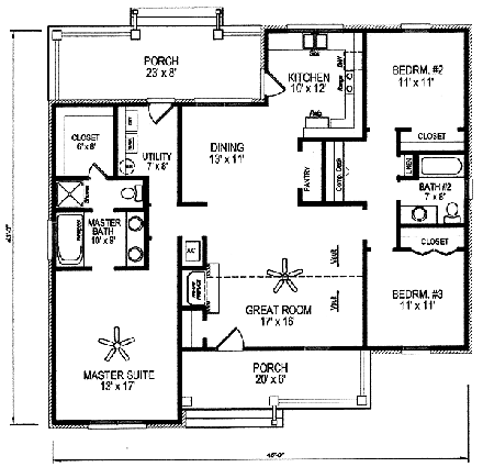 Country House Plan 96574 with 3 Beds, 2 Baths First Level Plan