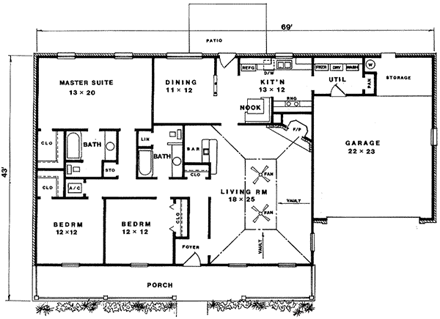 Country, Ranch House Plan 96581 with 3 Beds, 2 Baths, 2 Car Garage First Level Plan