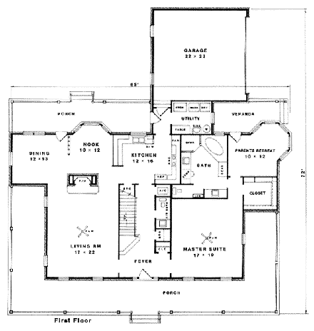 Country House Plan 96595 with 4 Beds, 2.5 Baths, 2 Car Garage First Level Plan