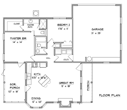 Traditional House Plan 96599 with 2 Beds, 2 Baths First Level Plan