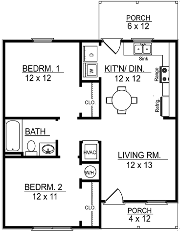 Traditional House Plan 96700 with 2 Beds, 1 Baths First Level Plan