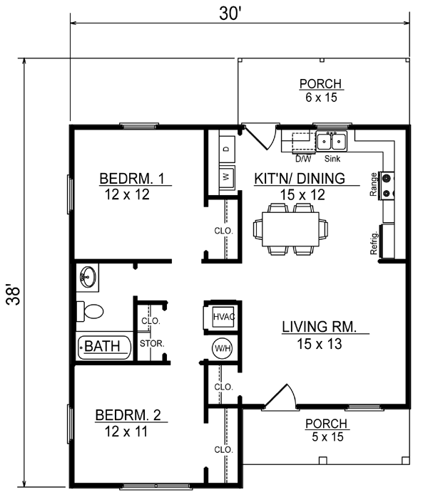 Traditional House Plan 96702 with 2 Beds, 1 Baths Level One