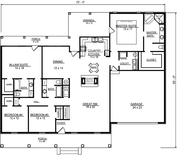 Traditional House Plan 96706 with 4 Beds, 3 Baths, 2 Car Garage Level One