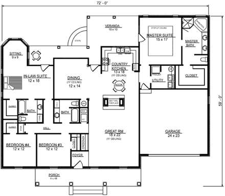 Ranch, Traditional House Plan 96707 with 4 Beds, 3 Baths, 2 Car Garage First Level Plan