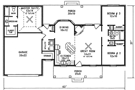 European, Farmhouse House Plan 96708 with 3 Beds, 2 Baths, 2 Car Garage First Level Plan