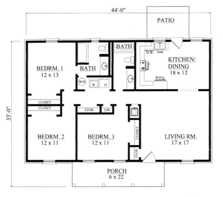 House Plan 96713 with 3 Beds, 2 Baths First Level Plan