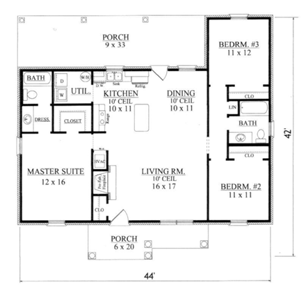 House Plan 96715 with 3 Beds, 2 Baths First Level Plan