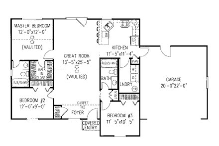 Ranch House Plan 96801 with 3 Beds, 2 Baths, 2 Car Garage First Level Plan