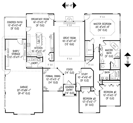 European, Tudor House Plan 96836 with 3 Beds, 2 Baths, 2 Car Garage First Level Plan