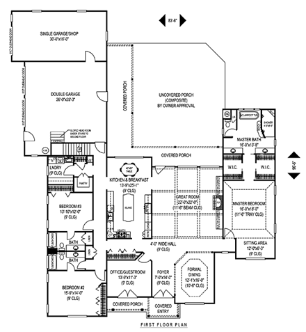 European, Tudor House Plan 96884 with 4 Beds, 4 Baths, 3 Car Garage First Level Plan